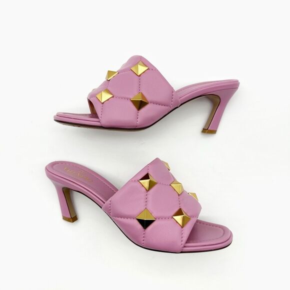VALENTINO Roman Rockstud Pink Gold Heel Mule Size 37.5 Open Toe Quilted Leather - Picture 3 of 12